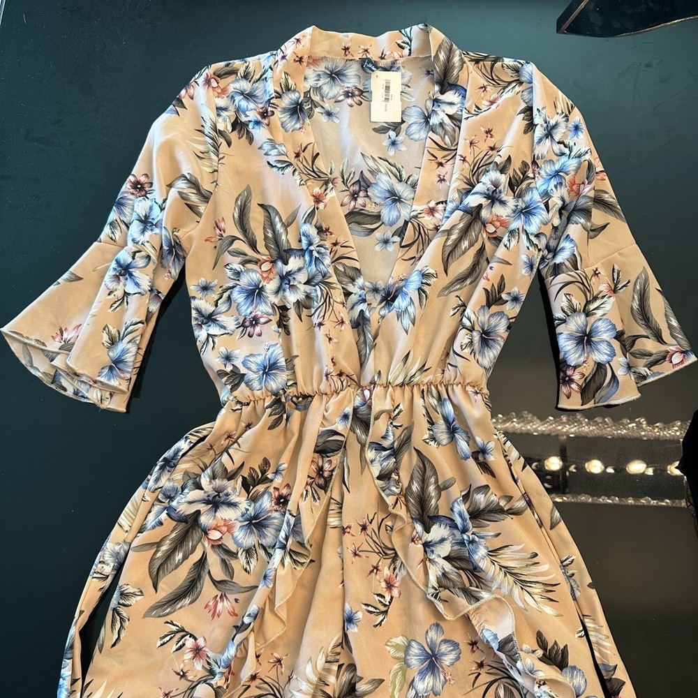 Floral Beige Dress with Blue Accents